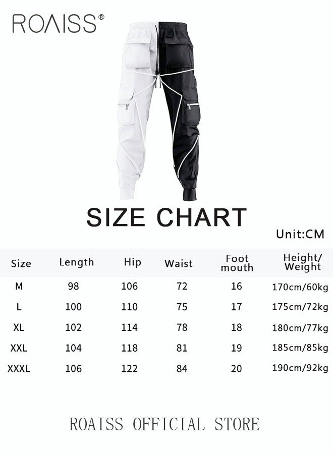 Fashion Print Men Cargo Trousers  Multiple Pocket Design  Sports Trousers Reflective Tape Design  Velcro Feet Breathable Fabric  Solid Color