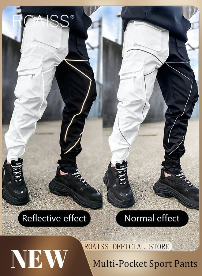 Fashion Print Men Cargo Trousers  Multiple Pocket Design  Sports Trousers Reflective Tape Design  Velcro Feet Breathable Fabric  Solid Color
