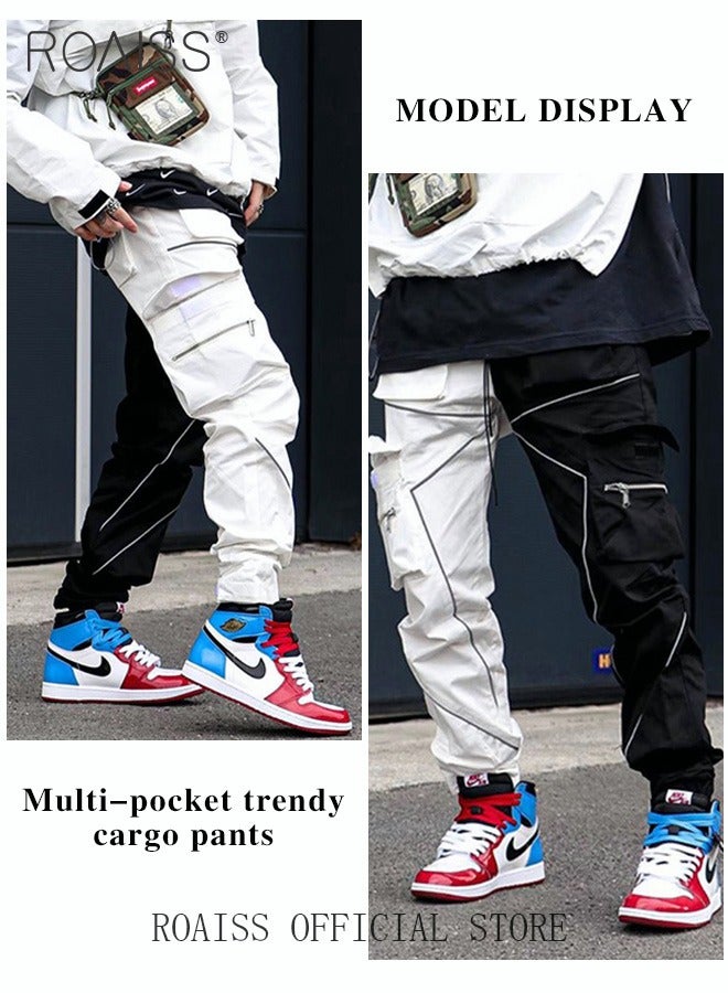 Fashion Print Men Cargo Trousers  Multiple Pocket Design  Sports Trousers Reflective Tape Design  Velcro Feet Breathable Fabric  Solid Color