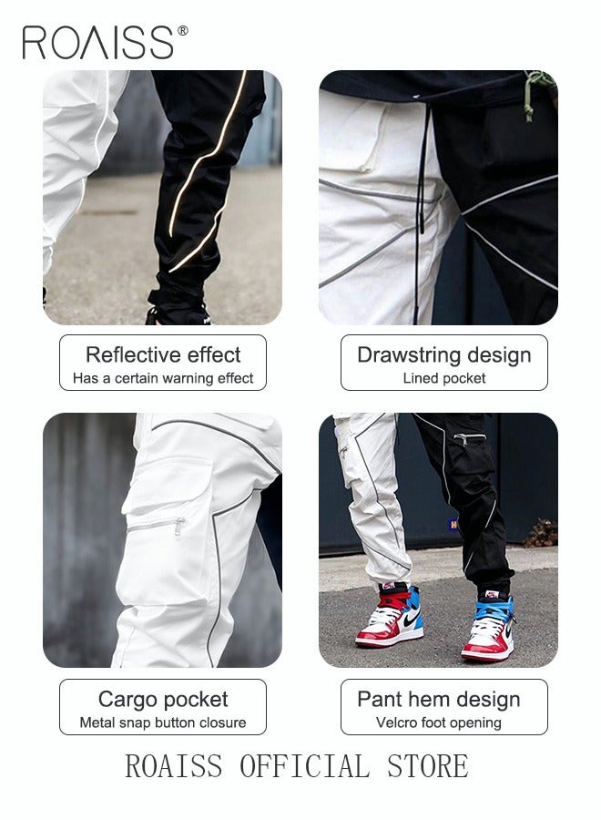 Fashion Print Men Cargo Trousers  Multiple Pocket Design  Sports Trousers Reflective Tape Design  Velcro Feet Breathable Fabric  Solid Color