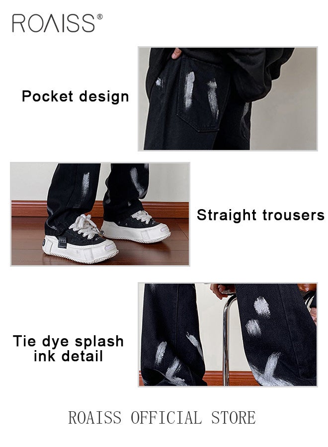 Men Relaxed Fit Denim Pants On-Trend Flowy Wide Leg Trousers with a Tie Dye Splash Ink Design Ideal for Casual and Fashionable Outfits