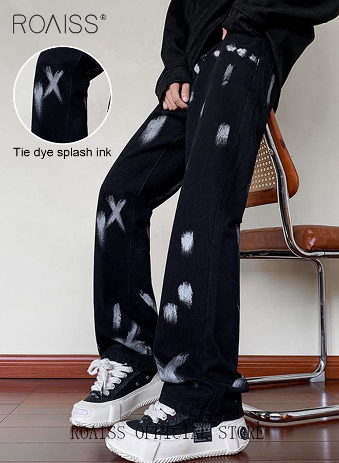 Men Relaxed Fit Denim Pants On-Trend Flowy Wide Leg Trousers with a Tie Dye Splash Ink Design Ideal for Casual and Fashionable Outfits