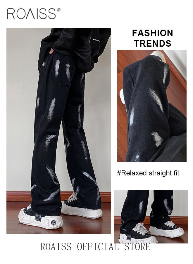 Men Relaxed Fit Denim Pants On-Trend Flowy Wide Leg Trousers with a Tie Dye Splash Ink Design Ideal for Casual and Fashionable Outfits