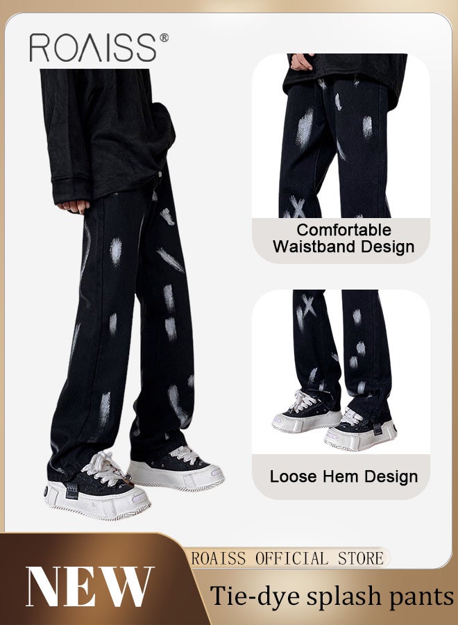 Men Relaxed Fit Denim Pants On-Trend Flowy Wide Leg Trousers with a Tie Dye Splash Ink Design Ideal for Casual and Fashionable Outfits