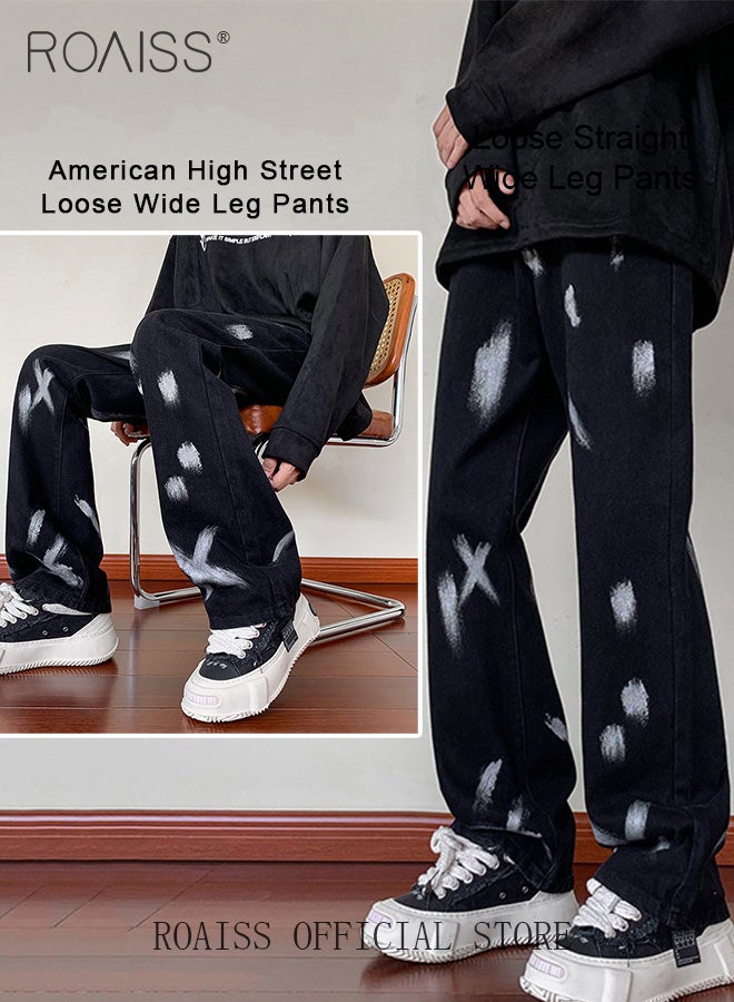 Men Relaxed Fit Denim Pants On-Trend Flowy Wide Leg Trousers with a Tie Dye Splash Ink Design Ideal for Casual and Fashionable Outfits