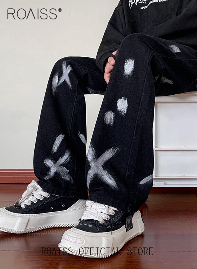 Men Relaxed Fit Denim Pants On-Trend Flowy Wide Leg Trousers with a Tie Dye Splash Ink Design Ideal for Casual and Fashionable Outfits
