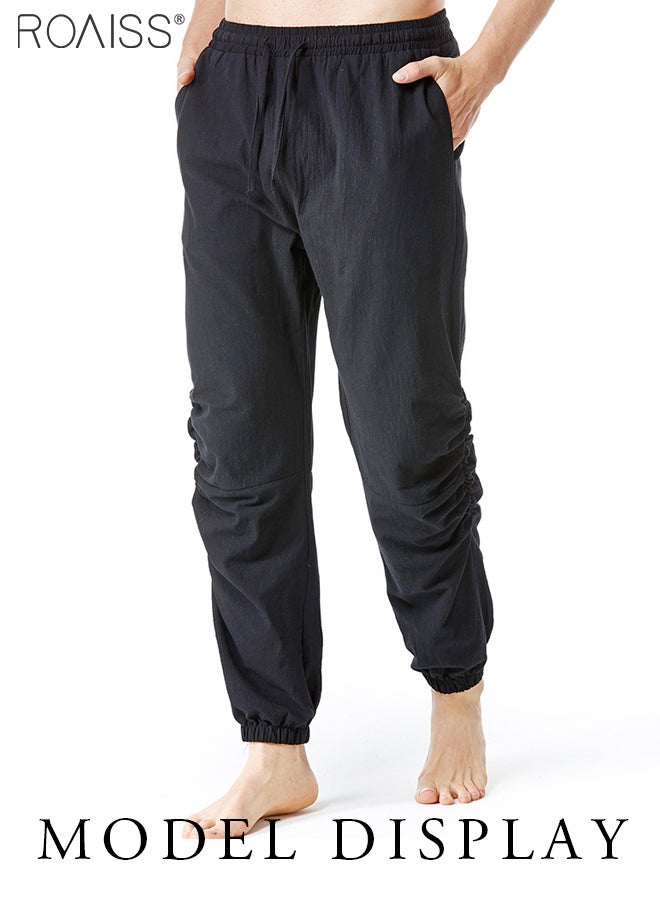 Men Ruched Harem Pants Adjustable Length Baggy Casual Trousers Drawstring Jogger Pants Beach Gypsy Yoga Aladdin