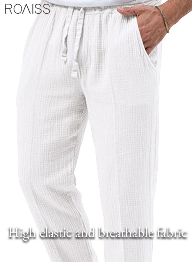 Mens Casual Linen Pants Loose Fit Straight-Legs Elastic Drawstring Waist Summer Beach Yoga Long Pants