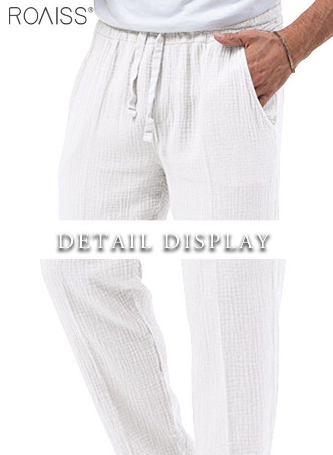Mens Casual Linen Pants Loose Fit Straight-Legs Elastic Drawstring Waist Summer Beach Yoga Long Pants