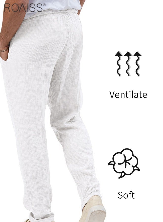 Mens Casual Linen Pants Loose Fit Straight-Legs Elastic Drawstring Waist Summer Beach Yoga Long Pants