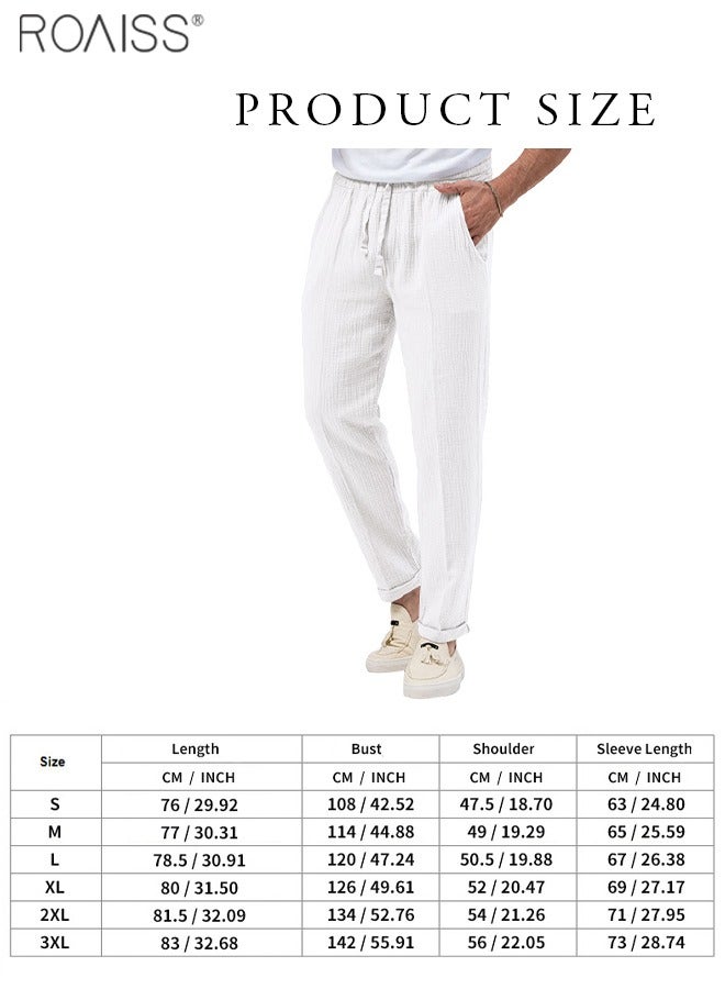 Mens Casual Linen Pants Loose Fit Straight-Legs Elastic Drawstring Waist Summer Beach Yoga Long Pants