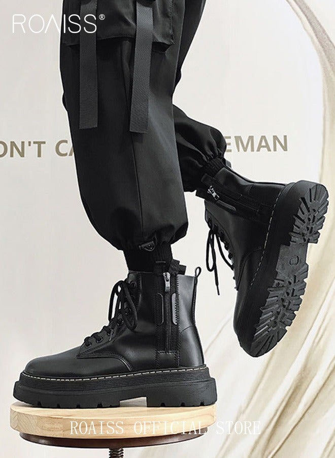 Men Martin Boots British Style Motorcycle Boots with High Cuts Work Boot Design Side Zipper and Front Lace Decoration