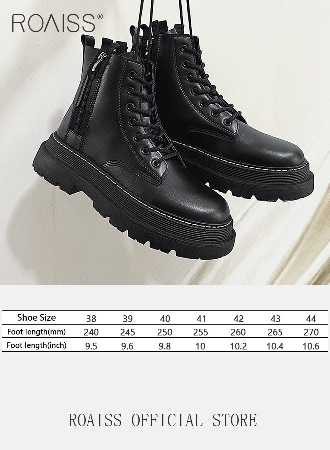 Men Martin Boots British Style Motorcycle Boots with High Cuts Work Boot Design Side Zipper and Front Lace Decoration