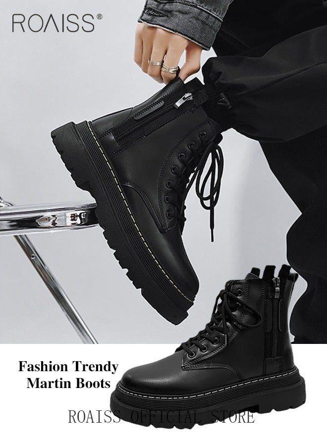 Men Martin Boots British Style Motorcycle Boots with High Cuts Work Boot Design Side Zipper and Front Lace Decoration