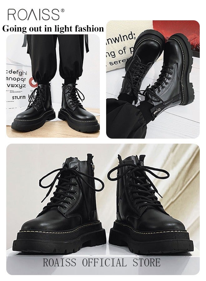 Men Martin Boots British Style Motorcycle Boots with High Cuts Work Boot Design Side Zipper and Front Lace Decoration