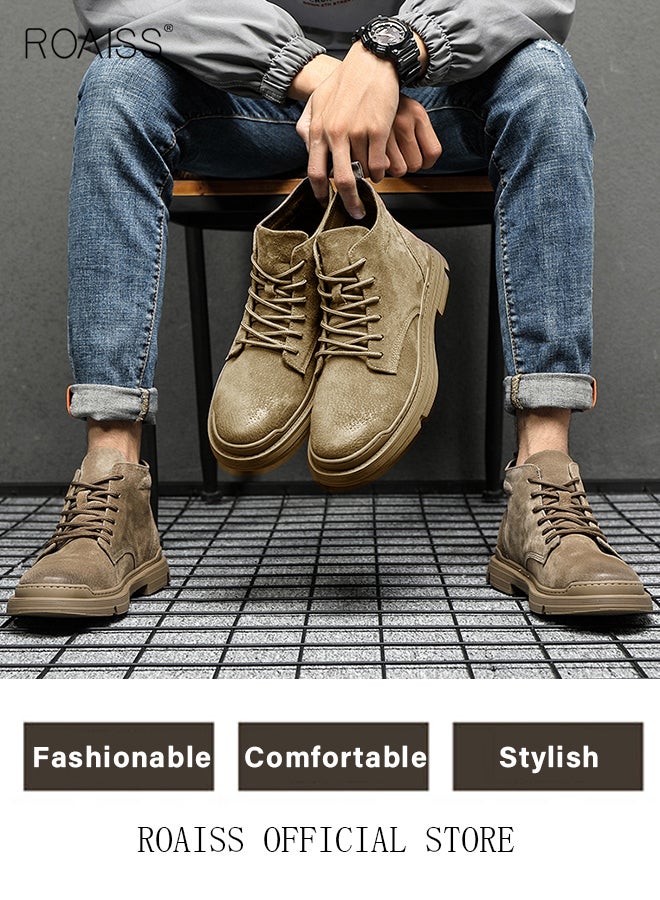 Men’s Soft Leather Ankle Casual Loafers Lace-Up Anti Slip Walking Shoes Men's Tooling Style Martin Boots Men Casual Mid Top Leather Boots  Men's Boots Ankle Lace Up Casual Boots