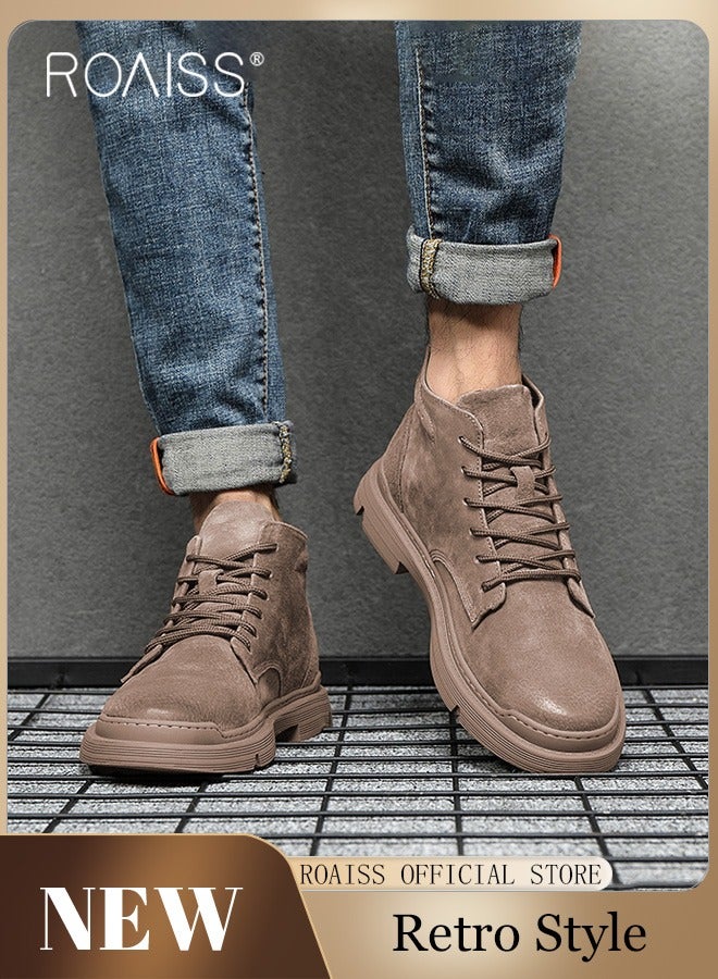 Men’s Soft Leather Ankle Casual Loafers Lace-Up Anti Slip Walking Shoes Men's Tooling Style Martin Boots Men Casual Mid Top Leather Boots  Men's Boots Ankle Lace Up Casual Boots