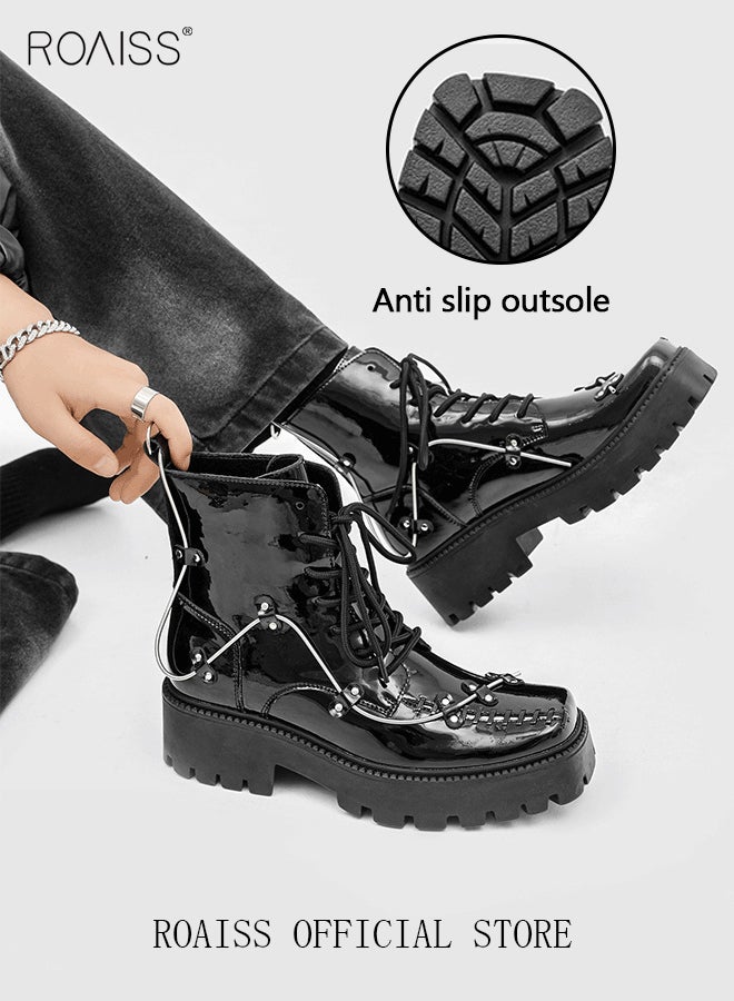 Rock Shoes Metal Lace Up Block Thick Sole Creepers Patent Leather Ankle Square Toe Boots Men Punk Combat Platform