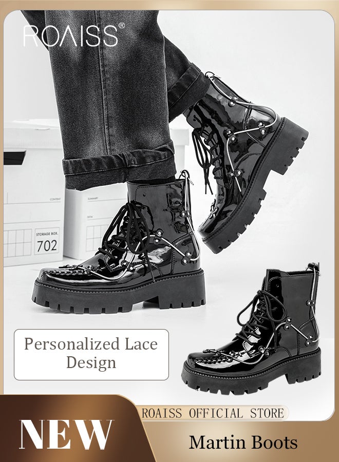 Rock Shoes Metal Lace Up Block Thick Sole Creepers Patent Leather Ankle Square Toe Boots Men Punk Combat Platform