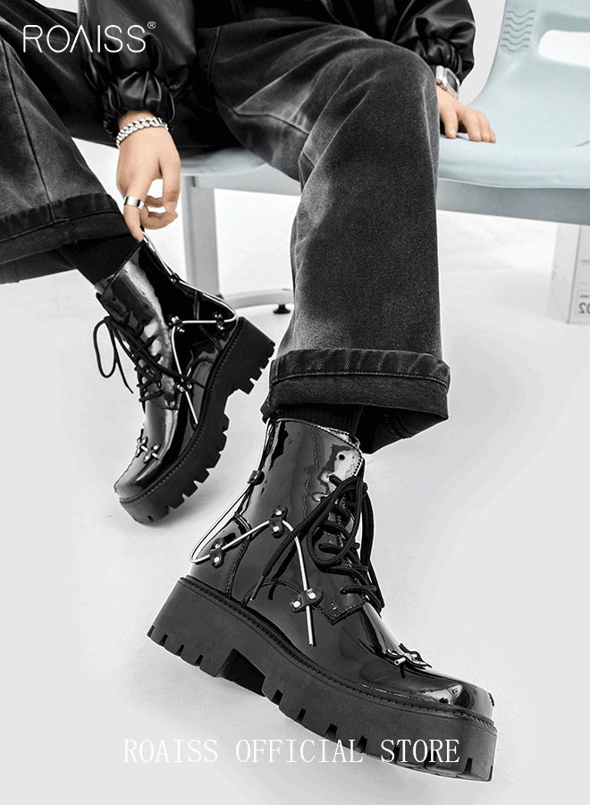 Rock Shoes Metal Lace Up Block Thick Sole Creepers Patent Leather Ankle Square Toe Boots Men Punk Combat Platform