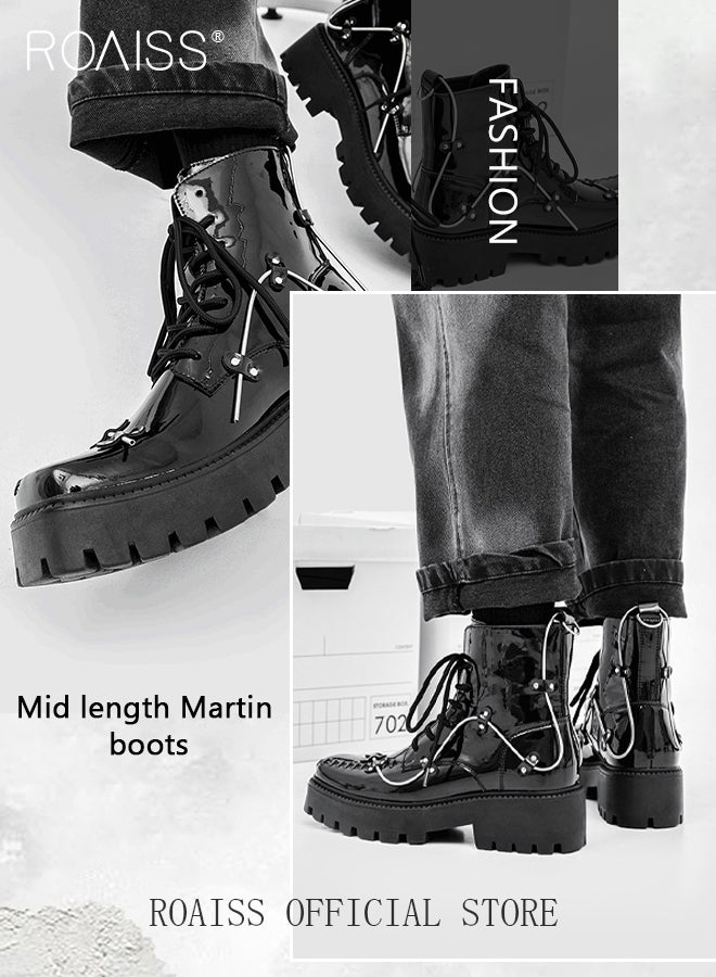 Rock Shoes Metal Lace Up Block Thick Sole Creepers Patent Leather Ankle Square Toe Boots Men Punk Combat Platform