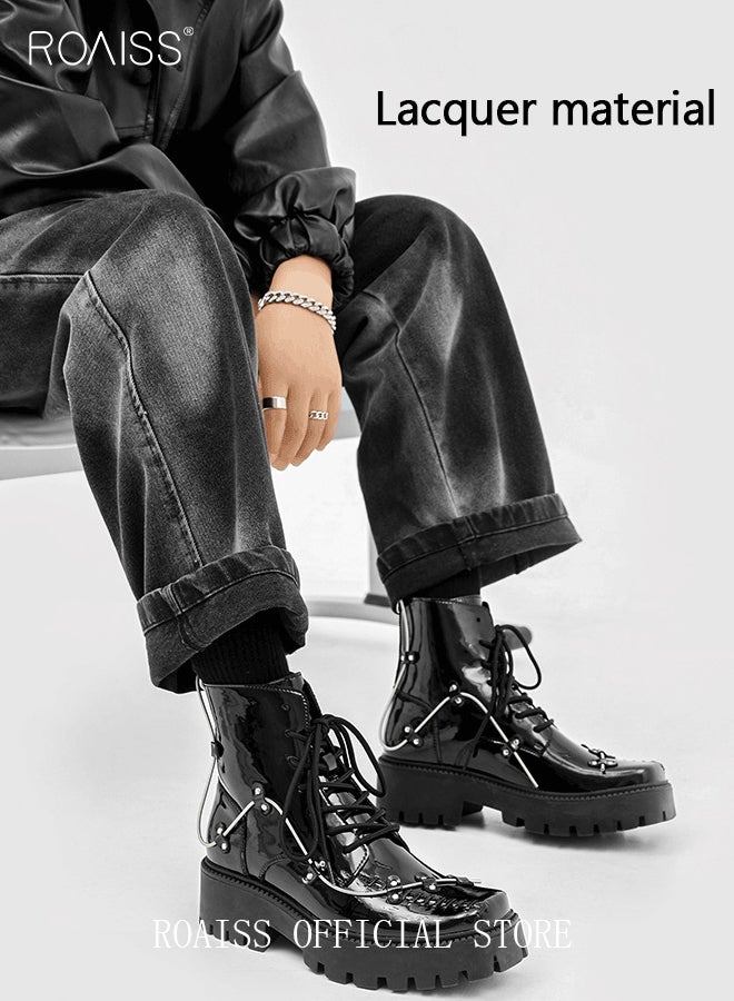 Rock Shoes Metal Lace Up Block Thick Sole Creepers Patent Leather Ankle Square Toe Boots Men Punk Combat Platform