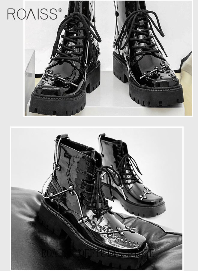 Rock Shoes Metal Lace Up Block Thick Sole Creepers Patent Leather Ankle Square Toe Boots Men Punk Combat Platform