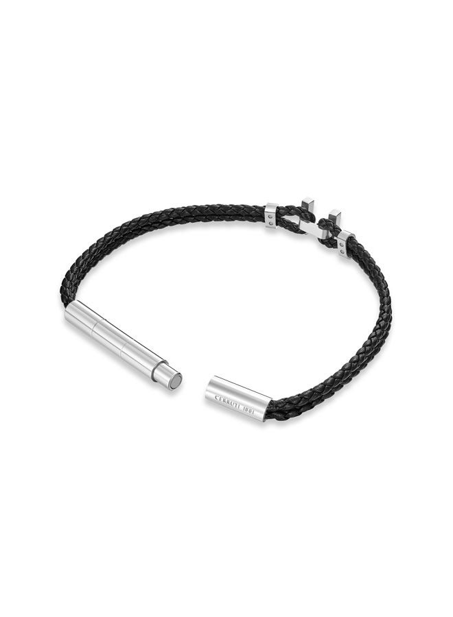 Ferrucio Silver and Black Leather Bracelet