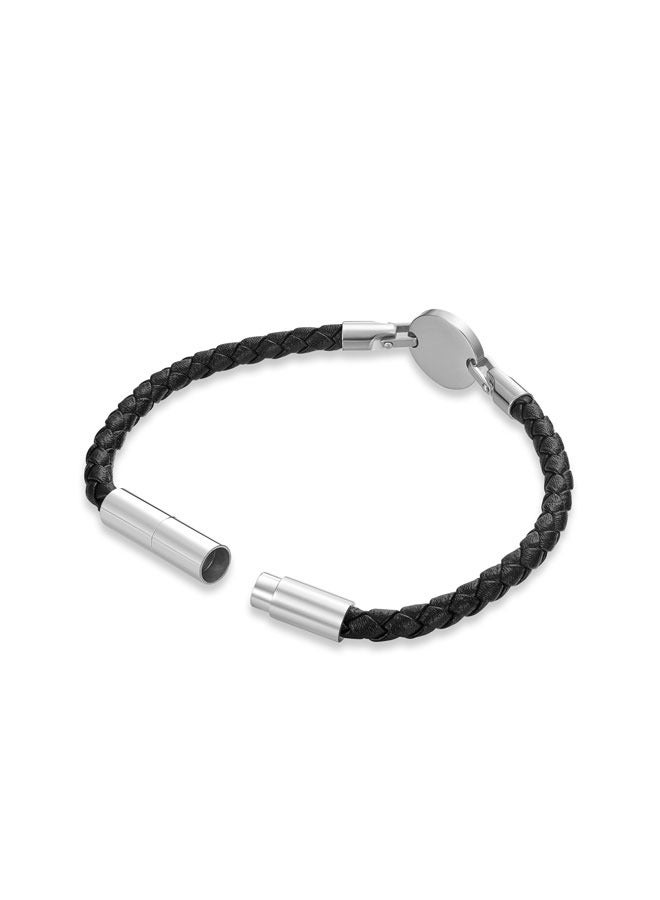 Enzo Silver and Black Leather Bracelet