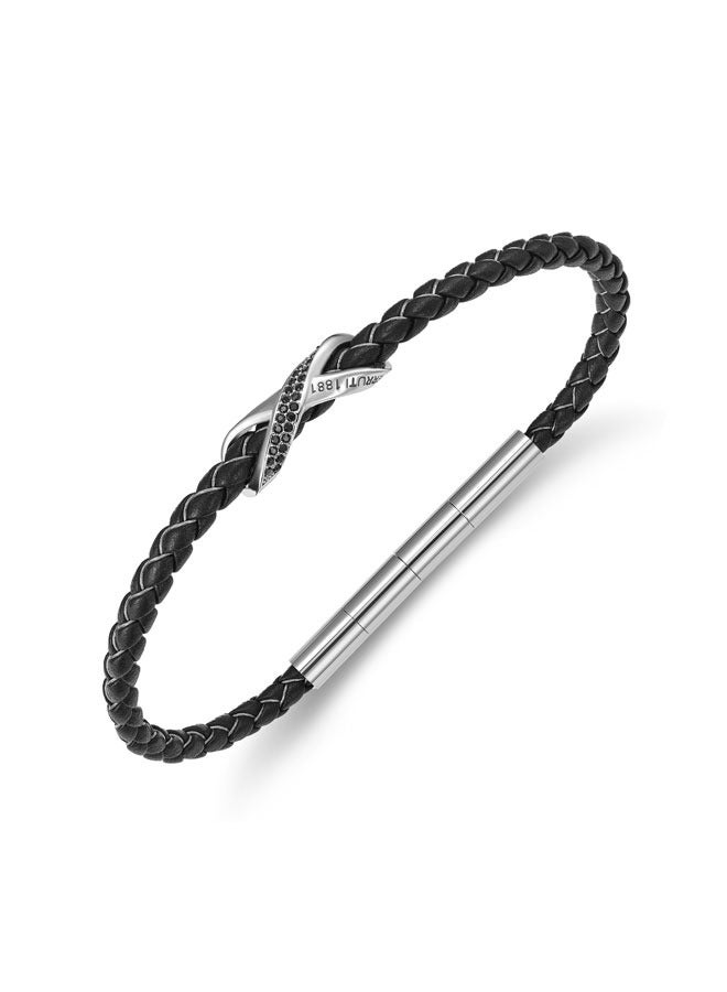 Franco Silver and Black Leather Bracelet