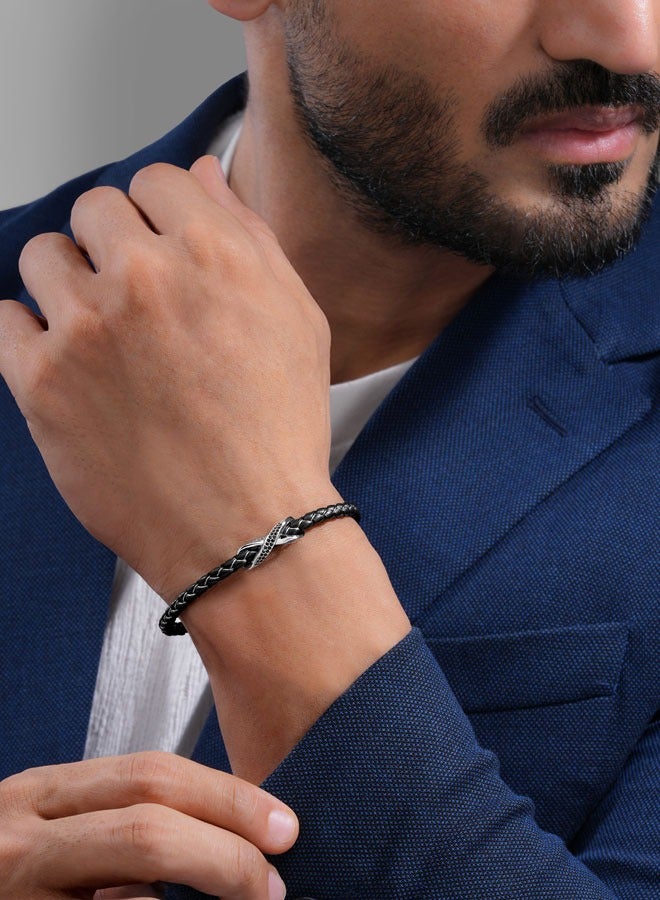 Franco Silver and Black Leather Bracelet