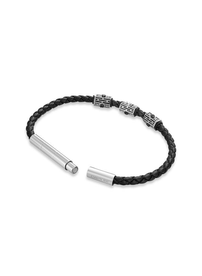 Adriano Silver and Black Leather Bracelet