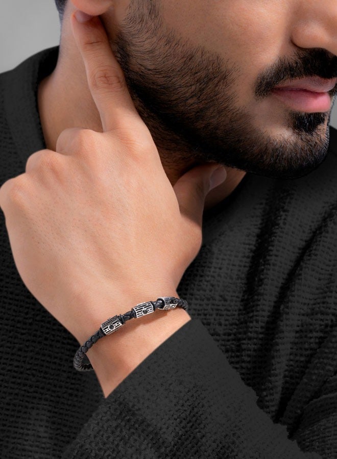 Adriano Silver and Black Leather Bracelet