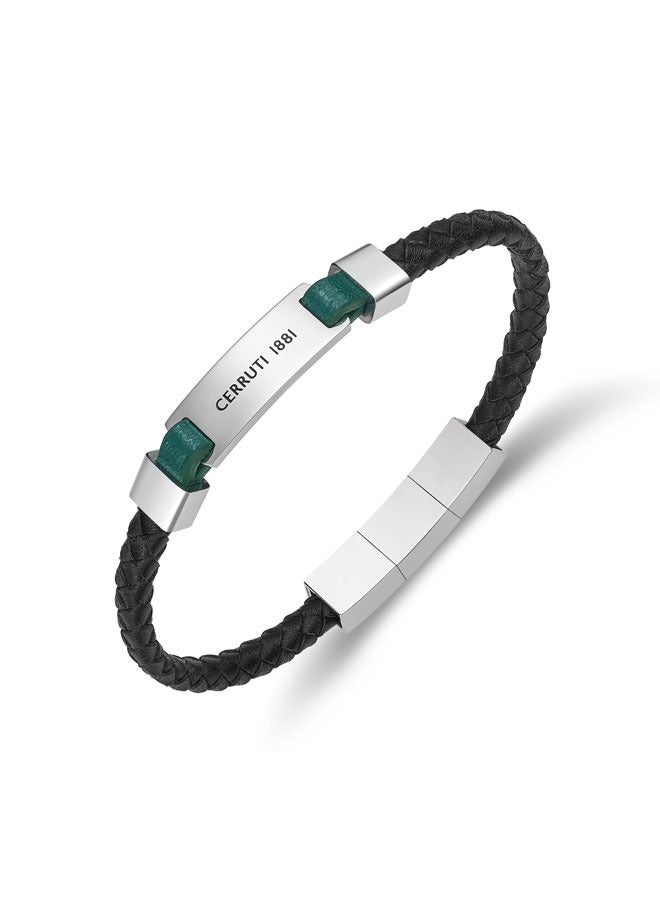 Alessandro Silver-Black and Green Leather Bracelet