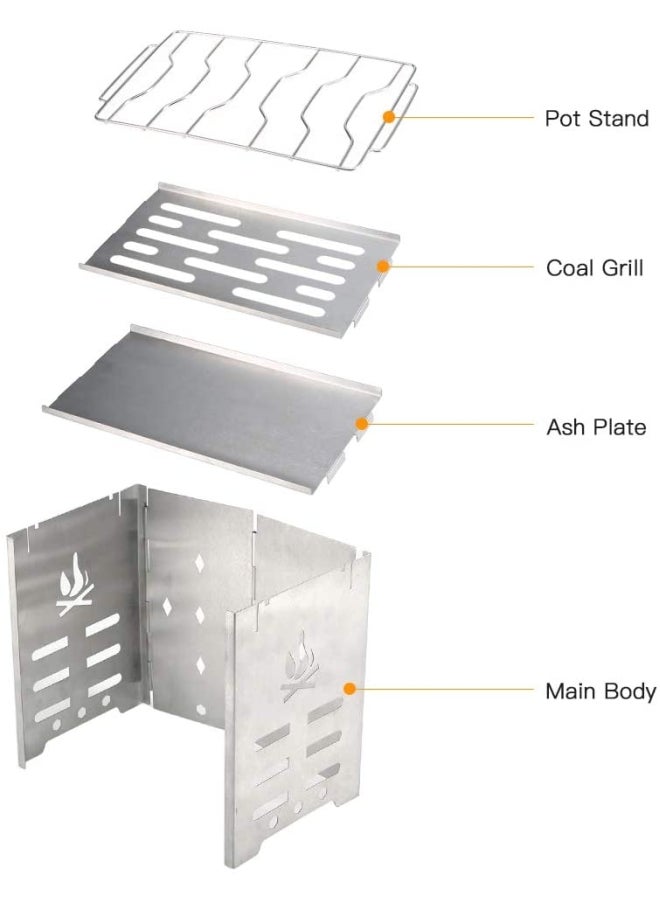 Folding Stainless Steel Wood Burning Camp Stove Set 21x12.7x18cm