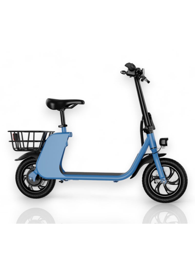 Adult Foldable Electric Bike E-Bike, 450W Brushless Hub Motor, 36V 8AH Battery, 25-35 KM/h Speed, Carbon Alloy Frame, Disk Brakes, 12.5” Tires, Rear Basket, Unisex E-Scooter with Seat