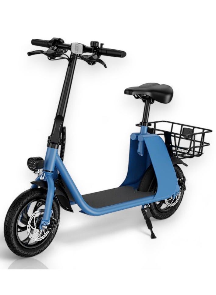 Adult Foldable Electric Bike E-Bike, 450W Brushless Hub Motor, 36V 8AH Battery, 25-35 KM/h Speed, Carbon Alloy Frame, Disk Brakes, 12.5” Tires, Rear Basket, Unisex E-Scooter with Seat