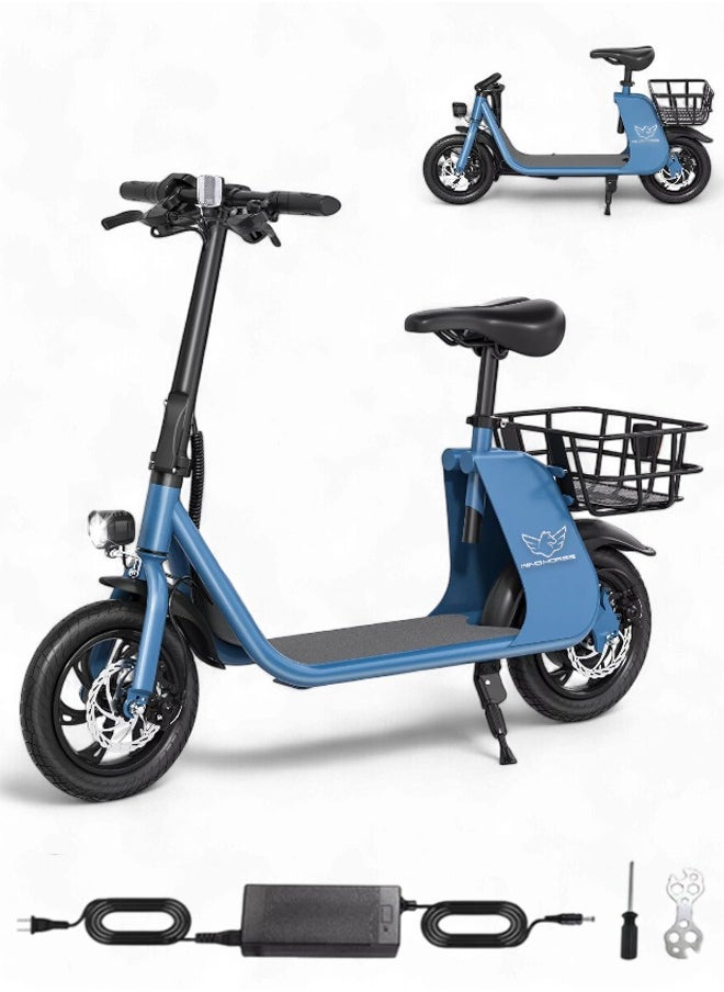 Premium Foldable Electric Scooter with Seat and Rear Basket, 450W Motor, 36V 8AH Battery, 25-35 KM/h Speed, Carbon Alloy Frame, 12.5 Inches Tires, Disk Brakes, Unisex Comfortable E-Scooter for Adults