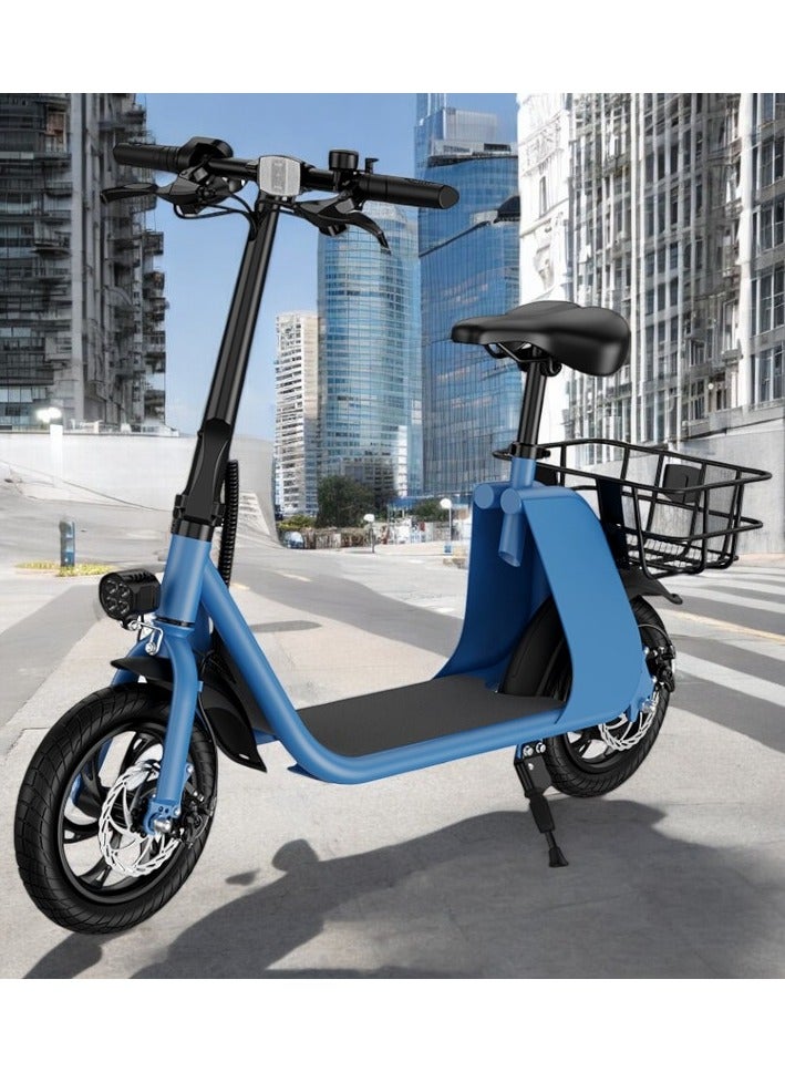 Adult Foldable Electric Bike E-Bike, 450W Brushless Hub Motor, 36V 8AH Battery, 25-35 KM/h Speed, Carbon Alloy Frame, Disk Brakes, 12.5” Tires, Rear Basket, Unisex E-Scooter with Seat