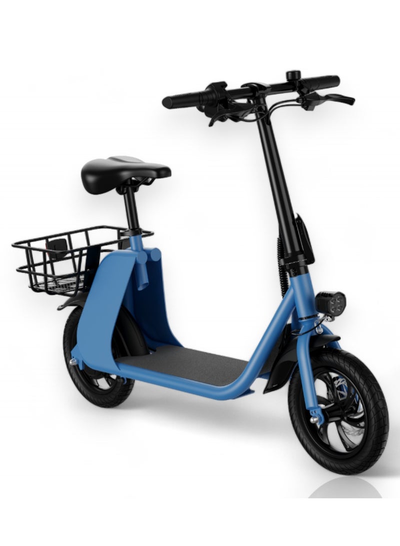 Adult Foldable Electric Bike E-Bike, 450W Brushless Hub Motor, 36V 8AH Battery, 25-35 KM/h Speed, Carbon Alloy Frame, Disk Brakes, 12.5” Tires, Rear Basket, Unisex E-Scooter with Seat