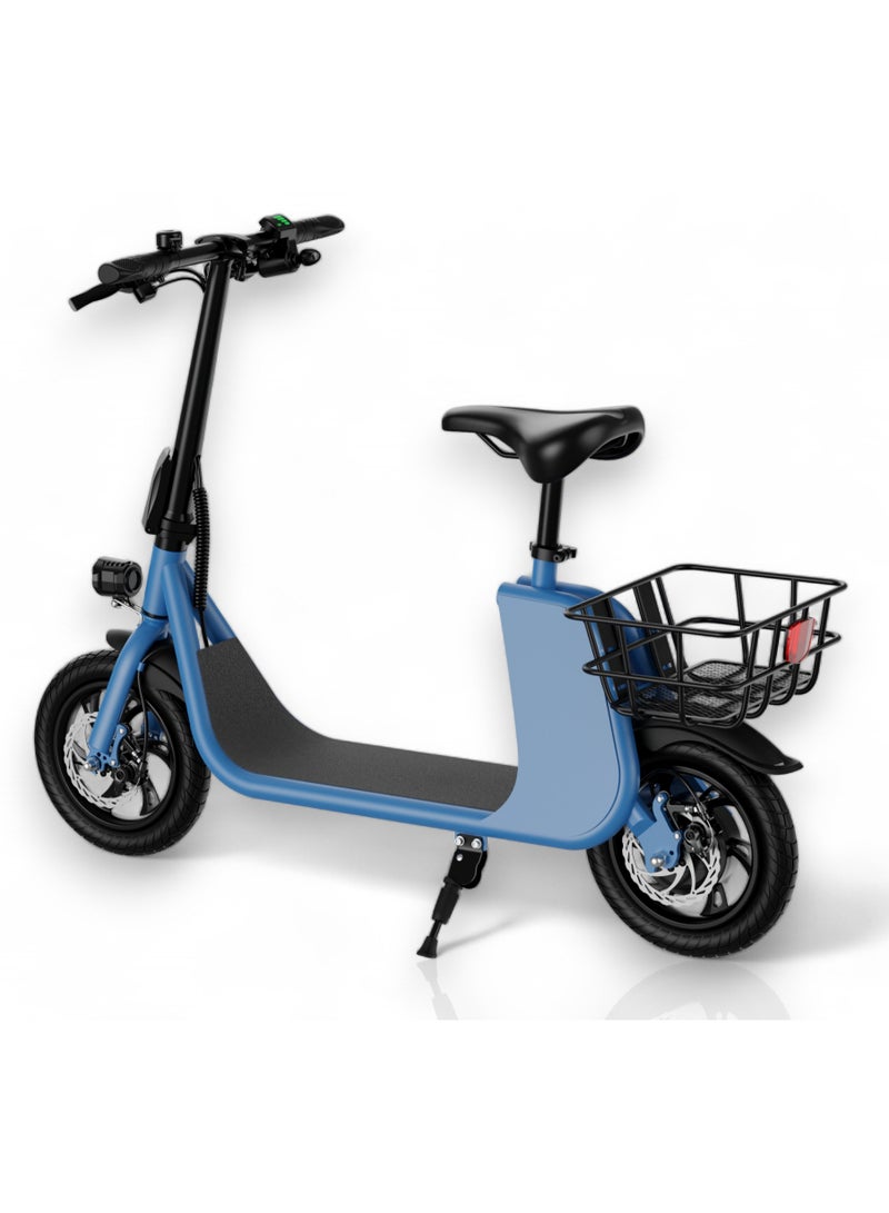 Adult Foldable Electric Bike E-Bike, 450W Brushless Hub Motor, 36V 8AH Battery, 25-35 KM/h Speed, Carbon Alloy Frame, Disk Brakes, 12.5” Tires, Rear Basket, Unisex E-Scooter with Seat