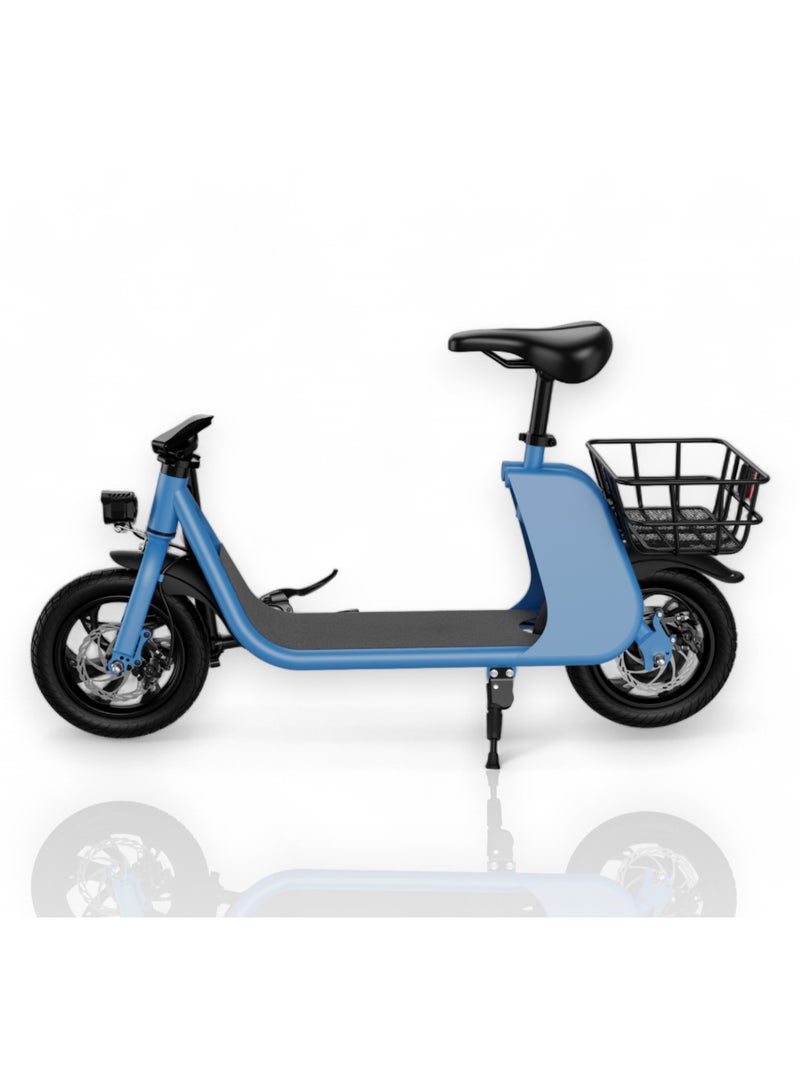 Adult Foldable Electric Bike E-Bike, 450W Brushless Hub Motor, 36V 8AH Battery, 25-35 KM/h Speed, Carbon Alloy Frame, Disk Brakes, 12.5” Tires, Rear Basket, Unisex E-Scooter with Seat