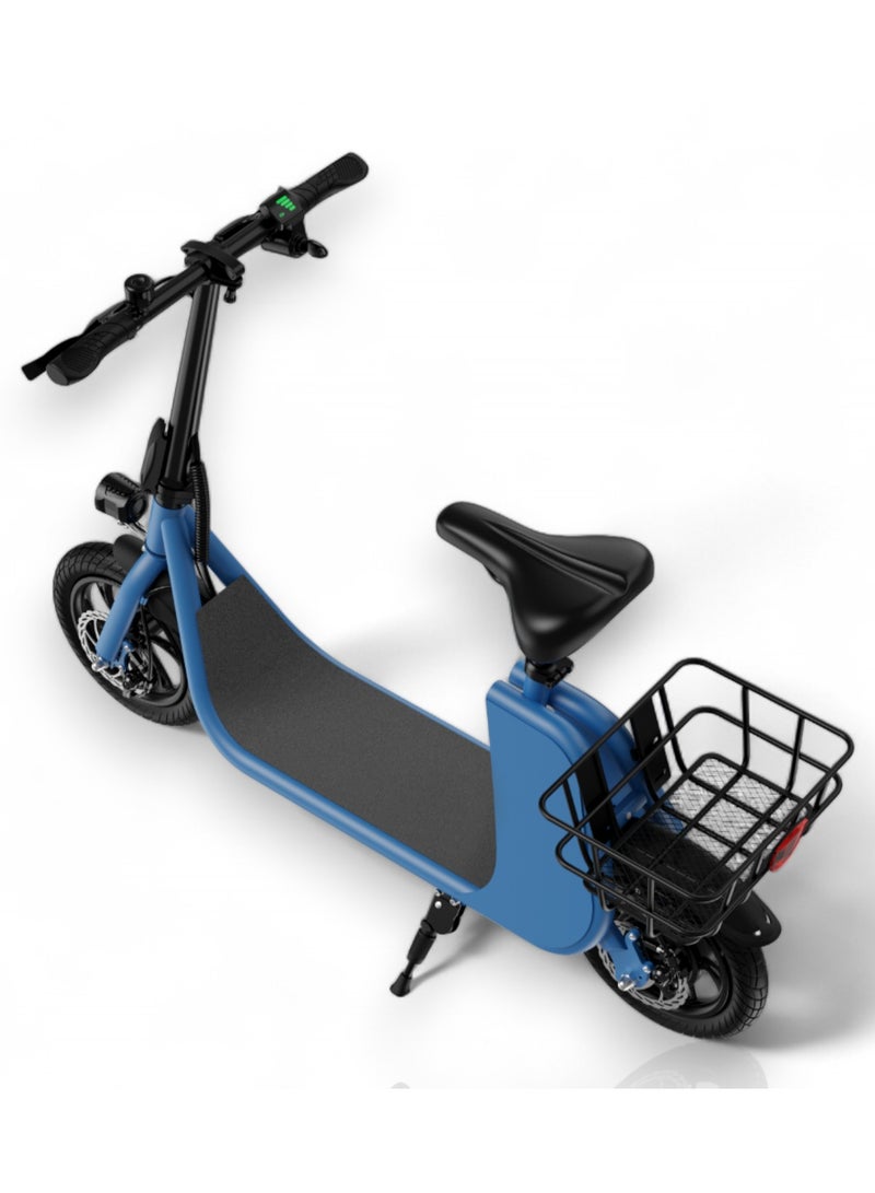 Adult Foldable Electric Bike E-Bike, 450W Brushless Hub Motor, 36V 8AH Battery, 25-35 KM/h Speed, Carbon Alloy Frame, Disk Brakes, 12.5” Tires, Rear Basket, Unisex E-Scooter with Seat