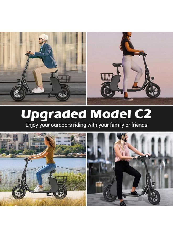 Premium Foldable Electric Scooter with Seat and Rear Basket, 450W Motor, 36V 8AH Battery, 25-35 KM/h Speed, Carbon Alloy Frame, 12.5 Inches Tires, Disk Brakes, Unisex Comfortable E-Scooter for Adults