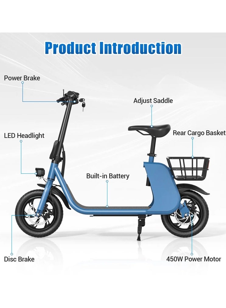 Adult Foldable Electric Bike E-Bike, 450W Brushless Hub Motor, 36V 8AH Battery, 25-35 KM/h Speed, Carbon Alloy Frame, Disk Brakes, 12.5” Tires, Rear Basket, Unisex E-Scooter with Seat