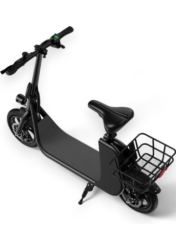 Adult Foldable Electric Bike E-Bike, 450W Brushless Hub Motor, 36V 8AH Battery, 25-35 KM/h Speed, Carbon Alloy Frame, Disk Brakes, 12.5” Tires, Rear Basket, Unisex E-Scooter with Seat