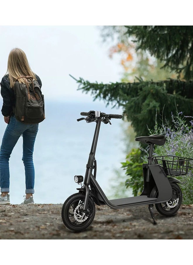 Premium Foldable Electric Scooter with Seat and Rear Basket, 450W Motor, 36V 8AH Battery, 25-35 KM/h Speed, Carbon Alloy Frame, 12.5 Inches Tires, Disk Brakes, Unisex Comfortable E-Scooter for Adults