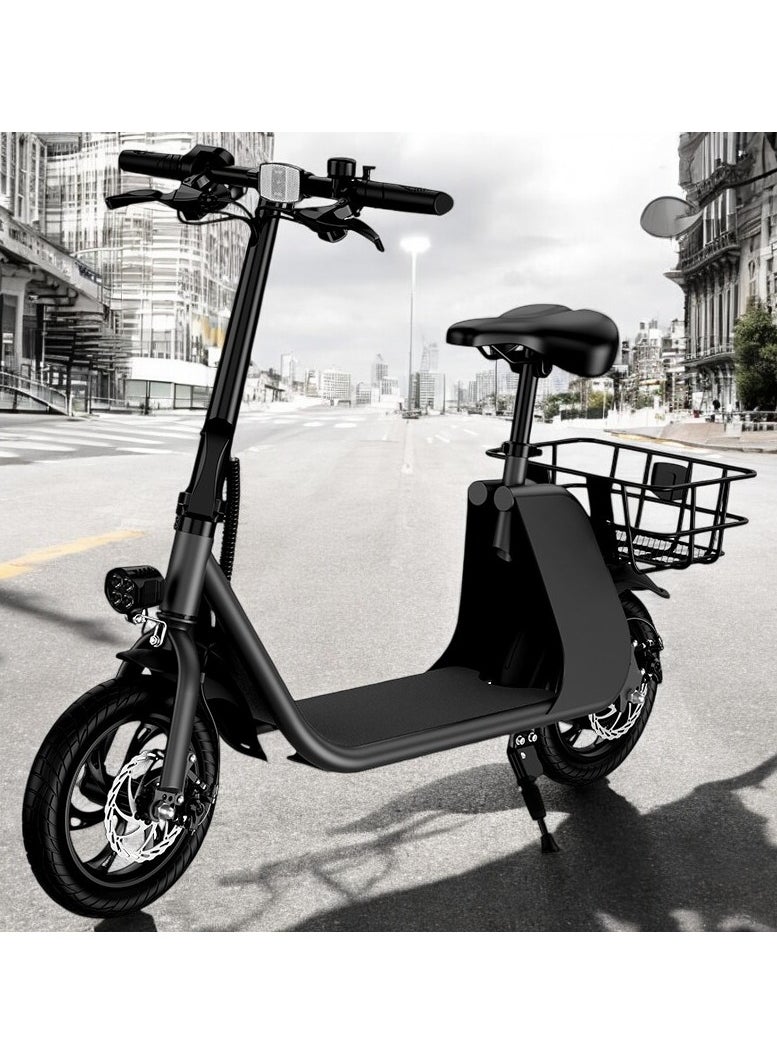 Premium Foldable Electric Scooter with Seat and Rear Basket, 450W Motor, 36V 8AH Battery, 25-35 KM/h Speed, Carbon Alloy Frame, 12.5 Inches Tires, Disk Brakes, Unisex Comfortable E-Scooter for Adults