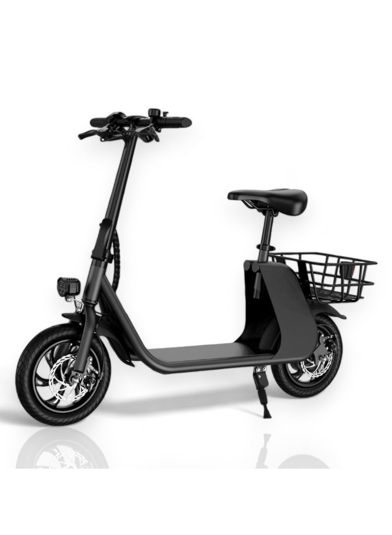 Adult Foldable Electric Bike E-Bike, 450W Brushless Hub Motor, 36V 8AH Battery, 25-35 KM/h Speed, Carbon Alloy Frame, Disk Brakes, 12.5” Tires, Rear Basket, Unisex E-Scooter with Seat