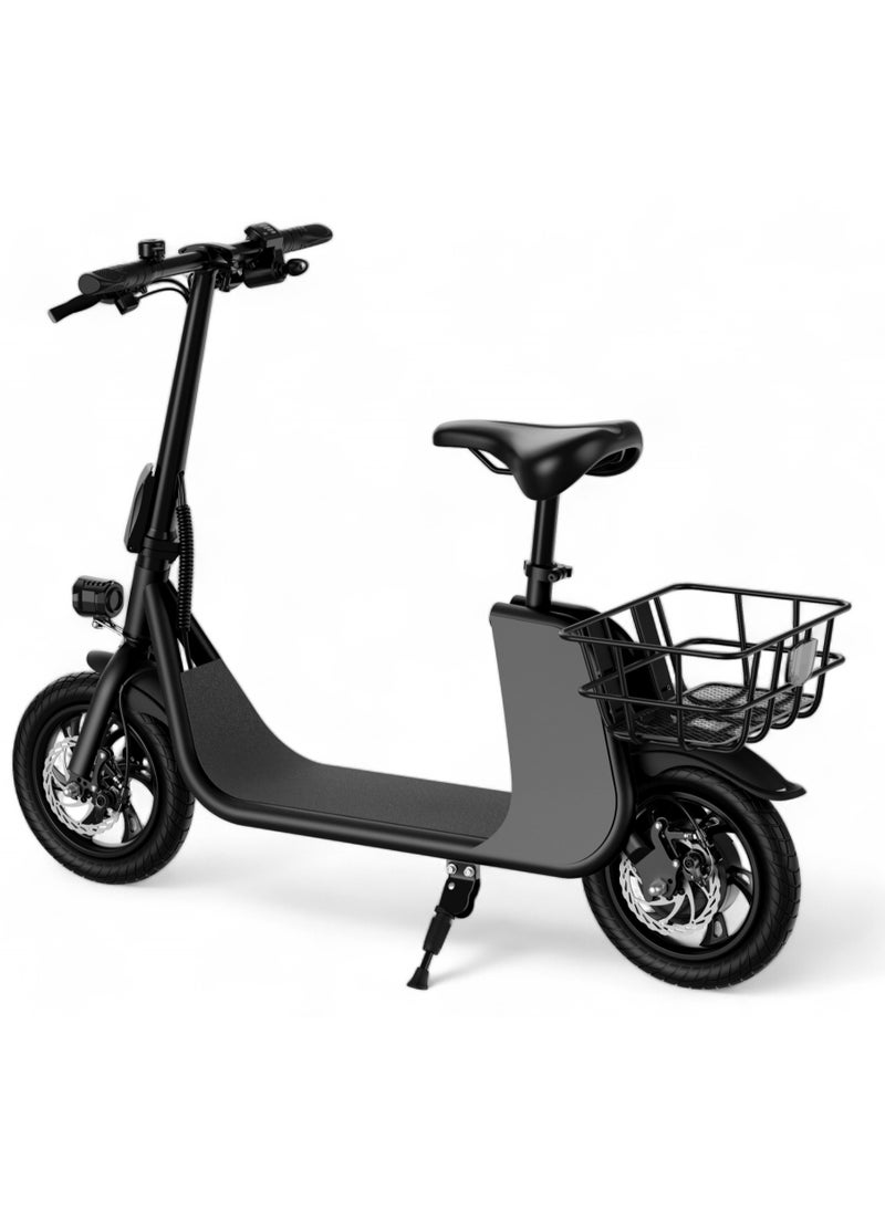 Premium Foldable Electric Scooter with Seat and Rear Basket, 450W Motor, 36V 8AH Battery, 25-35 KM/h Speed, Carbon Alloy Frame, 12.5 Inches Tires, Disk Brakes, Unisex Comfortable E-Scooter for Adults